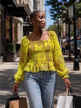 Floral Smocked Peasant Blouse in Yellow and Brown